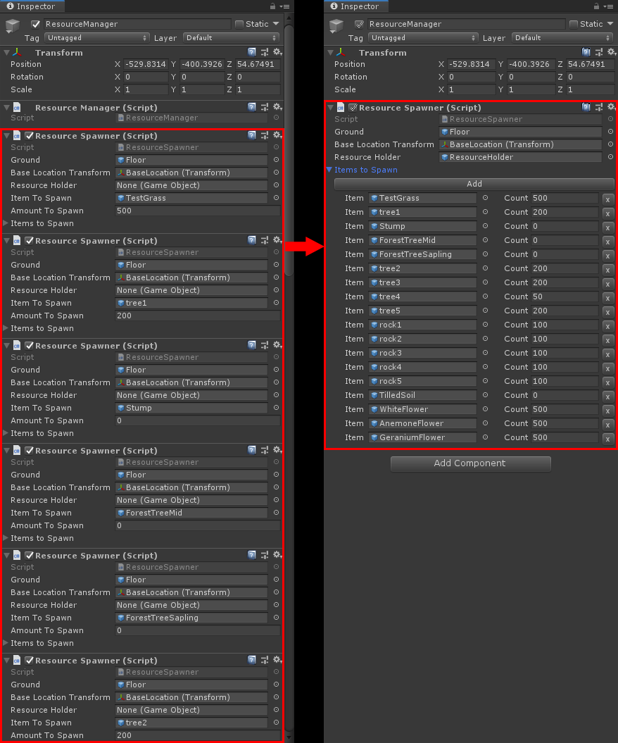 Unity Inspector before and after — Resource Spawner refactor